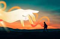 Influential figure. This image features a surreal composition with a vibrant sunset in the background, blending deep orange, yellow, and teal hues. The silhouette of a person walking on a hill is seen in the foreground, creating a sense of exploration or journey. A large, glowing hand with a soft, golden light appears above, symbolizing guidance or a mystical presence. Swirling orange and yellow light trails weave across the scene, adding dynamic energy and a dreamlike atmosphere. The overall composition conveys themes of connection, transcendence, and discovery.