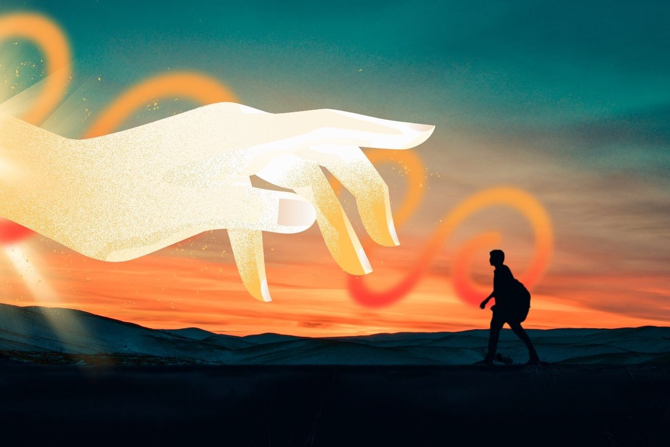 Influential figure. This image features a surreal composition with a vibrant sunset in the background, blending deep orange, yellow, and teal hues. The silhouette of a person walking on a hill is seen in the foreground, creating a sense of exploration or journey. A large, glowing hand with a soft, golden light appears above, symbolizing guidance or a mystical presence. Swirling orange and yellow light trails weave across the scene, adding dynamic energy and a dreamlike atmosphere. The overall composition conveys themes of connection, transcendence, and discovery.