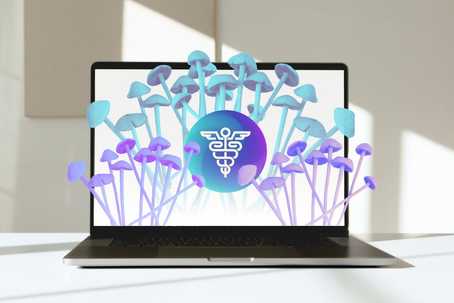 Articles About Psilocybin. A photograph of a laptop with the Psychedelic Support logo on the screen. There is a graphic of blue and purple mushrooms growing out of the laptop screen.