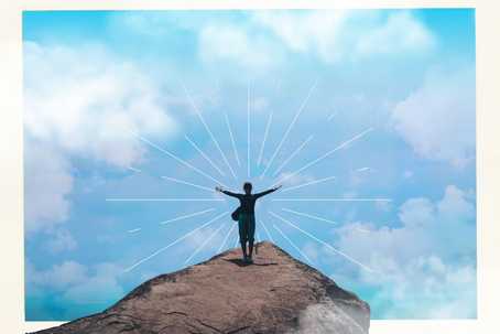 Ayahuasca and Black Magic. A person with their arms in the air standing on a rock with a blue sky with some clouds in the background, and a white border around the image.