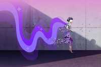 Positive Disintegration. An image of a female presenting person running alongside a concrete wall to the right of the image. They are disintegrating into pixels behind them, and some purple wavy lines flow behind them, too.