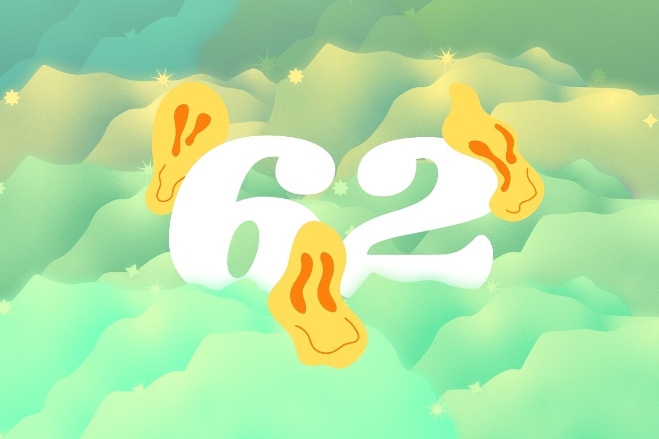 Facts about LSD. The image features a soft, pastel-colored background with gentle gradients of green, blue, and yellow, creating a dreamy and ethereal atmosphere. In the center, the number "62" is prominently displayed in large, white font, surrounded by playful, abstract shapes resembling ears or fluid forms in warm yellow and orange. The background also includes subtle star-like elements and smooth, flowing shapes, contributing to a whimsical, otherworldly vibe.