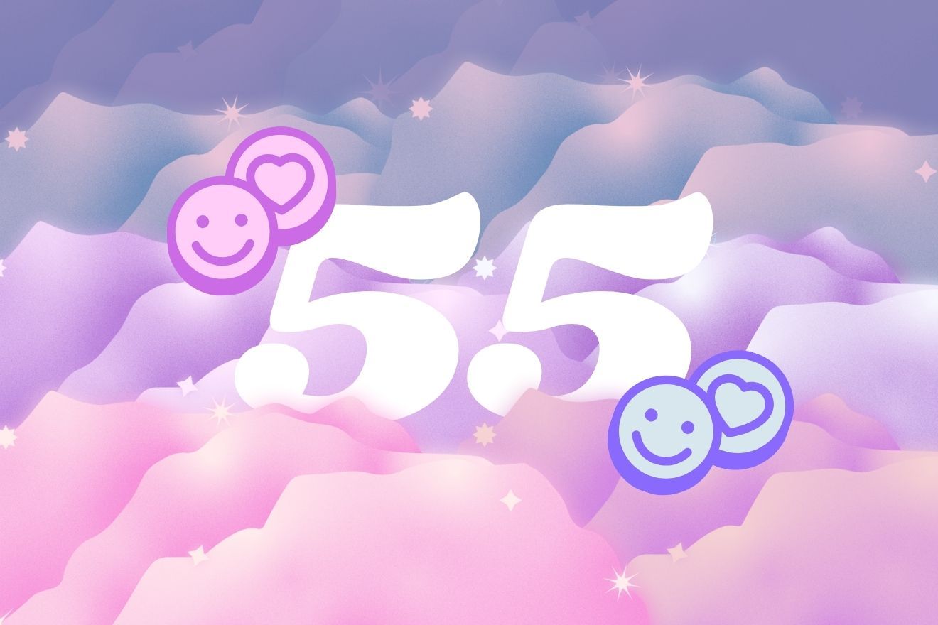 55 Fun Facts About MDMA. The image features a dreamy, soft-colored background with pastel hues of pink, purple, and blue, resembling clouds or a stylized landscape. In the center, the number "5.5" is prominently displayed in large, white, flowing digits. Surrounding the number are two emoji icons, one purple and one blue, each consisting of a smiling face with a heart. The overall design has a whimsical, light-hearted feel with sparkling stars scattered throughout, adding to the ethereal, serene atmosphere.