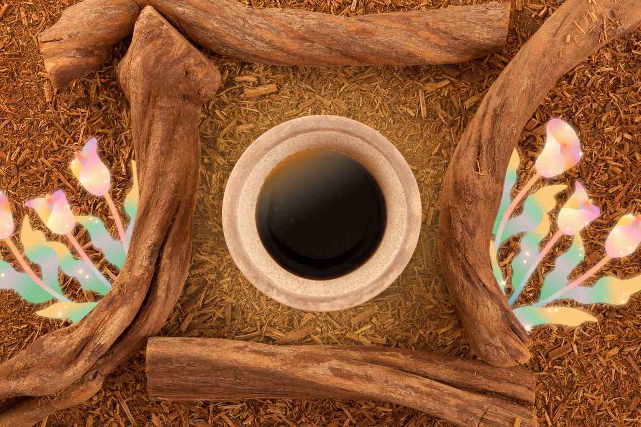 Ayahuasca Ceremonies. Top-down view of four whole pieces of ayahuasca laid out atop shredded ayahuasca vine in the shape of a wonky square. In the center of the square is a bowl of traditional healing ayahuasca brew. To the left and the right of the whole ayahuasca pieces placed on the left and the right are graphics of some dreamy, pastel-colored flowers.