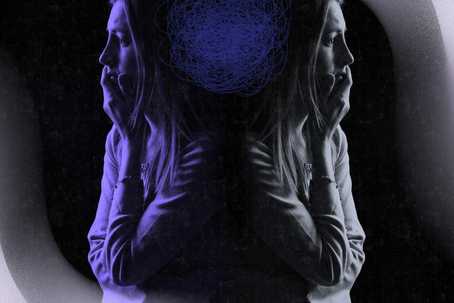 Worrying and an anxiety disorder. A woman with a scared expression, mirrored image, tangled lines representing thoughts, dark and moody atmosphere, blue and purple color scheme.