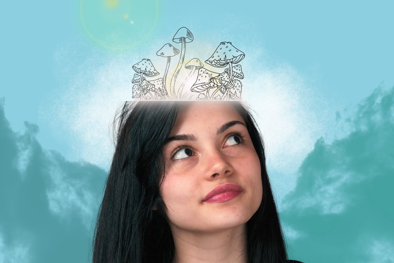 Magic Mushroom Dosing. Image is of a young-ish, light-skinned, female presenting person (from the neck up only) with long, straight dark hair and brown eyes. They are looking up and to the left (from their perspective) as if they are contemplating something. The top section of their head (above their eyebrows) has a white glowover it, and there are illustrations of mushrooms done with thin outlines, appearing as if they are either growing from their head, or something that they are thinking about. The background is textured with different shades of turquoisey blue.