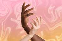 Race And Psychedelics. Two hands crossing each other on a liquid-effect peachy pink background. One hand is belonging to a black/brown person, the other to a white person. The two hands are facing each other in a gentle, synchronicitous way.