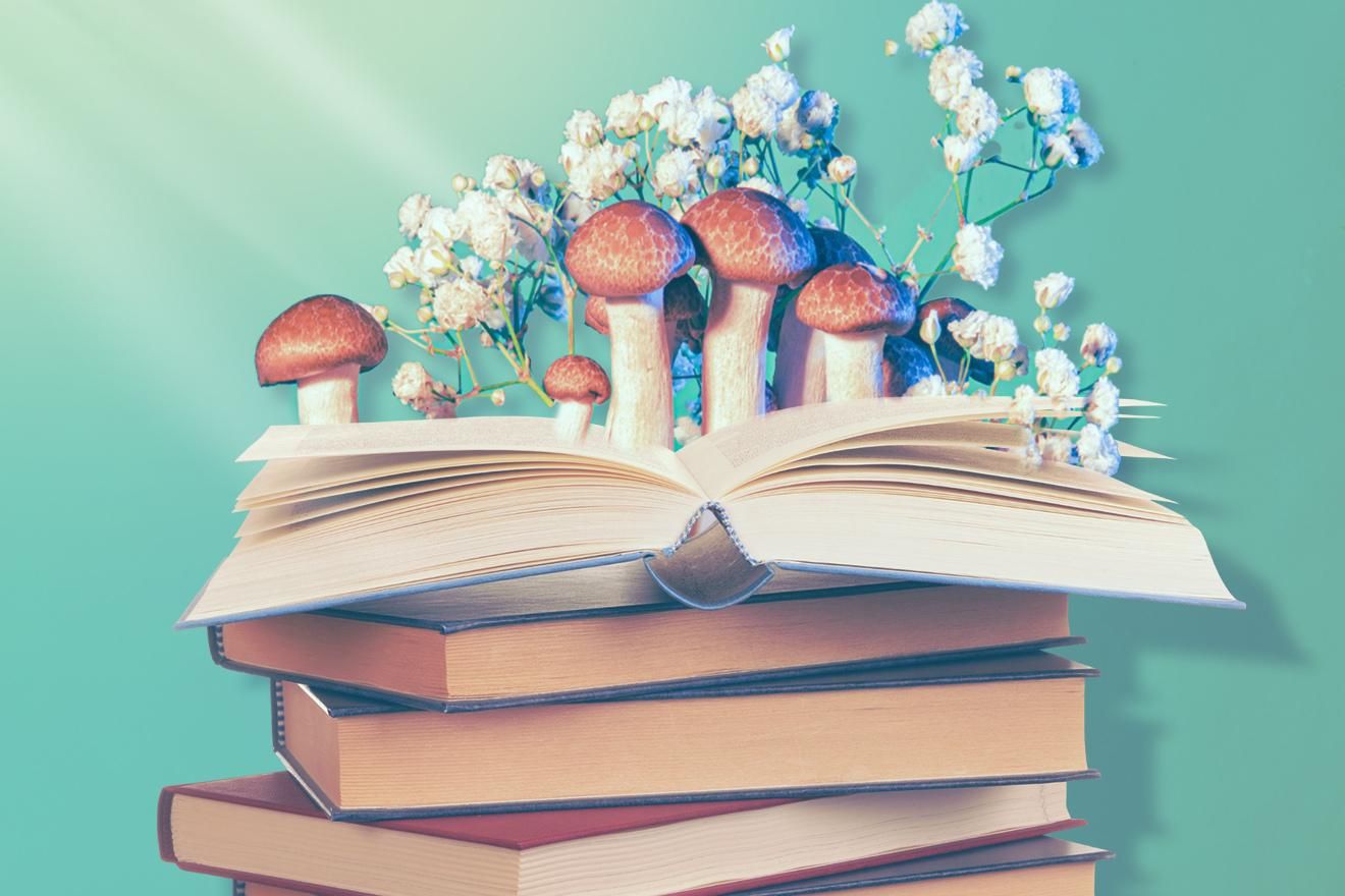 Psychedelic Literature. Illustrated image with a turquoise background, and a stack of books. The top book is lying open and has mushrooms and flowers growing out of it.