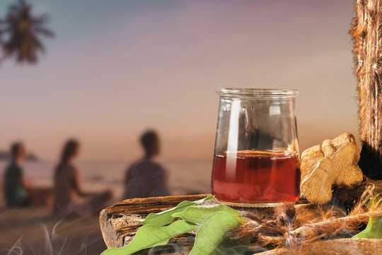 Ayahuasca Ceremony Etiquette. The image captures a serene sunset scene. In the foreground, a glass jar holds dark red ayahuasca brew, accompanied by pieces of ayahuasca bark and vibrant green leaves on a rustic wooden surface. In the background, three blurred figures sit on the beach, possibly meditating or conversing peacefully. The horizon features a soft, pastel sky with sunset hues of orange, pink, and purple, while a palm tree leans in from the corner, hinting at a tropical setting. This composition evokes a sense of calm and connection with nature, emphasizing relaxation and introspection.