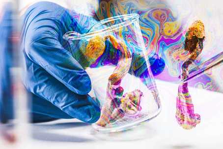 Psychedelic Clinical Trials. Image is of a hand in a blue glove, holding a science beaker with some magic mushrooms in it. There are more mushrooms outside the beaker held with tweezers, and psychedelic patterns swirling around the the mushrooms and the beaker.