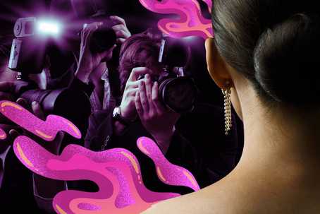 Back-view of a celebrity with hair worn in a bun, with paparazzi in front of them, and graphic pink glittery psychedelic liquid shapes around them, conveying celebrity psychedelic experiences.