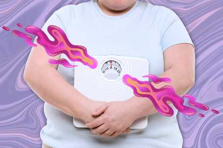 Treatment options for obesity. A dusty purple background with liquidy patterns. There is a larger-sizes person in a white t-shirt holding a scale, cropped to just their torso. There are also some pink psychedelic liquid patterns around the scale.