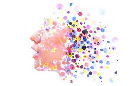 Spiritual Wellness. A woman's face in profile, dissolving into a colorful array of watercolor dots and splashes, abstract, ethereal.