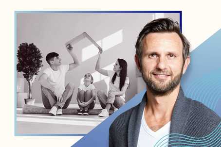 Internal Family Systems. This is a photograph of Nicholas Bruss with the background removed. Wavy blue lines surround this photo, with a gradient blue triangle behind it in the bottom right corners. Overlapped by this is a black-and-white photograph of a family sitting on the floor in a play area.