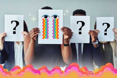 Childhood trauma in psychedelic journeys. A row of people holding up cards in front of their faces, each with a question mark on it. This is except for the person in the center who's card has a graphic of eyes on it. Streaming from the eyes are psychedelic rivers of tears. Along the bottom of the image is a graphic of dreamy orange and pink clouds.